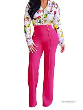 High Waist Flare Bell Pants 6-Button Casual Work Wear
